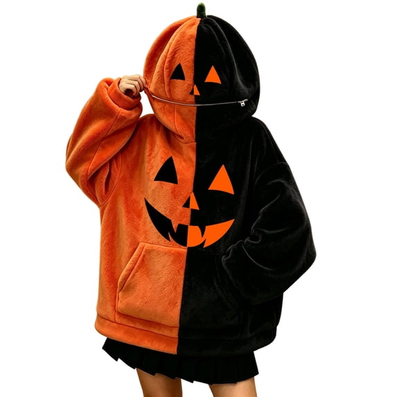 Unisex Plush Halloween Hoodie, 3D Pumpkin‑Shaped Hood with Pocket, Soft Sweatshirt for Halloween Party Daily Wear