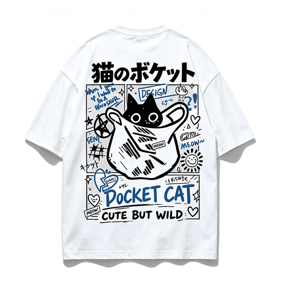 Unisex Pocket Cat Graphic T‑Shirt, Cute But Wild Street Doodle Back Print, Japanese Style Casual Crew Neck Short Sleeve Tee for Men Women