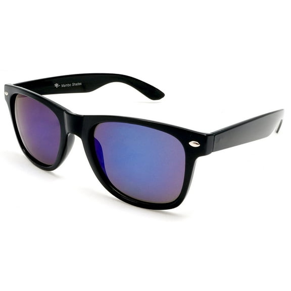 Unisex Polarized Mirror Horn Rimmed Sunglasses - MIB Style - Black, Blue Lens