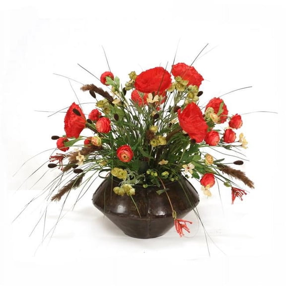 Unisex Poppies with Ranunculus & Mixed Grasses in Round Metal Planter - Red