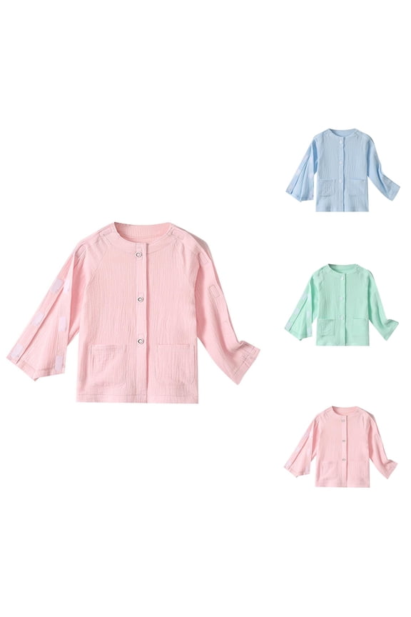 Unisex Post Shoulder Long Sleeve Shirts for Kids with All Stick-On Fasteners, Adaptive Recovery Clothing for Special Needs, Full Open Fracture Design with Magic Stick Closure