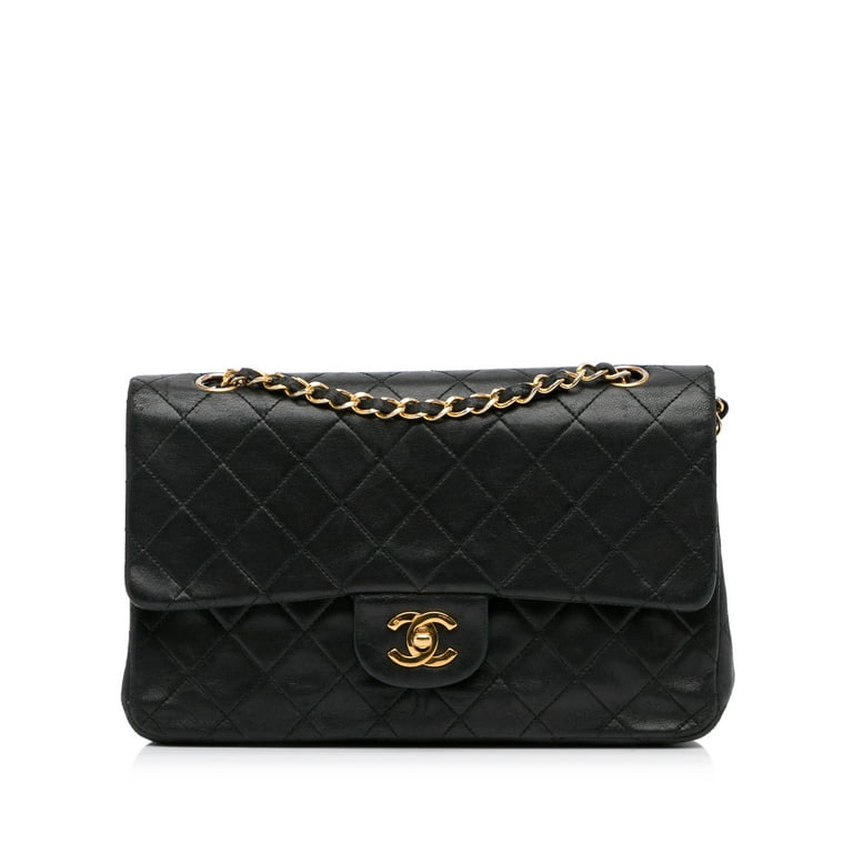 Unisex Pre-Owned Authenticated Chanel Medium Classic Lambskin Double Flap  Leather Black Shoulder Bag 