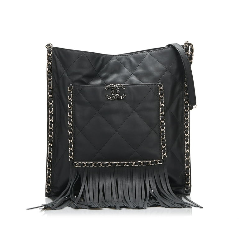 Unisex Pre-Owned Authenticated Chanel Small Fringe Shopping Bag Lambskin  Leather Black Shoulder Bag 