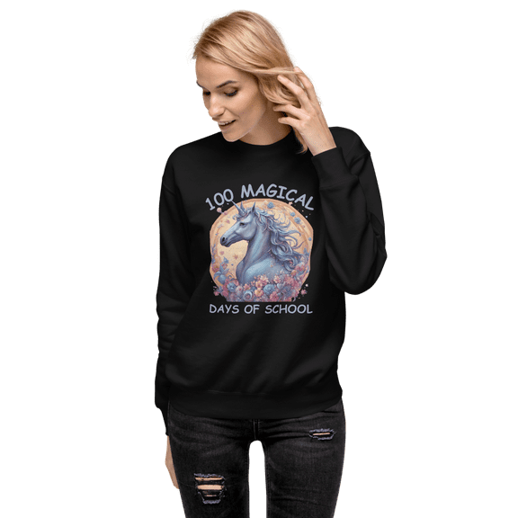 Unisex Premium Sweatshirt 100 Magical Days Of School Cute Unicorn Kid (Black, S)