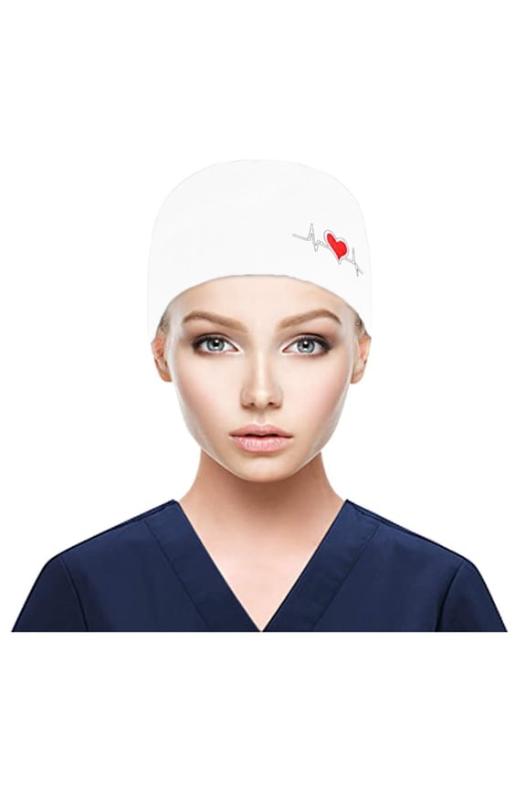 Unisex Print Scrub Cap, Cotton Bouffant Style Medical Hat with Sweatband for Doctors, Nurses, and Salon Professionals, Heart Pattern Design for Hygiene and Comfort White