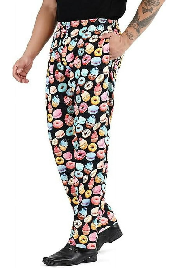 Unisex Printed Donut Print Cotton Men Women Chef Pants Trouser with Draw String for Food Service, Bakers and Culinary Professional Sizde L