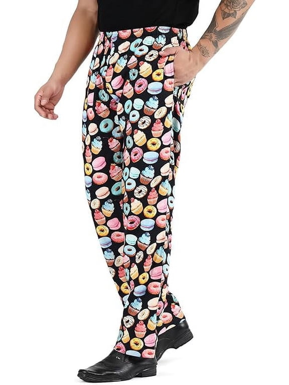 Unisex Printed Donut Print Cotton Men Women Chef Pants Trouser with Draw String for Food Service, Bakers and Culinary Professional Sizde XL