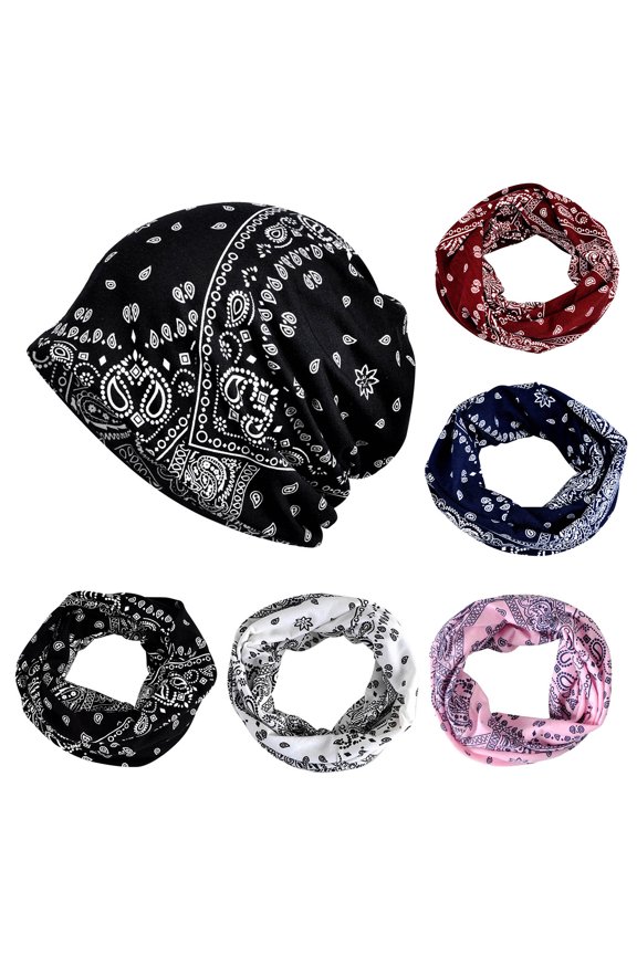 Unisex Printed Slouchy Knit Hat Scarf Dual Purpose Ear Protection Beanie