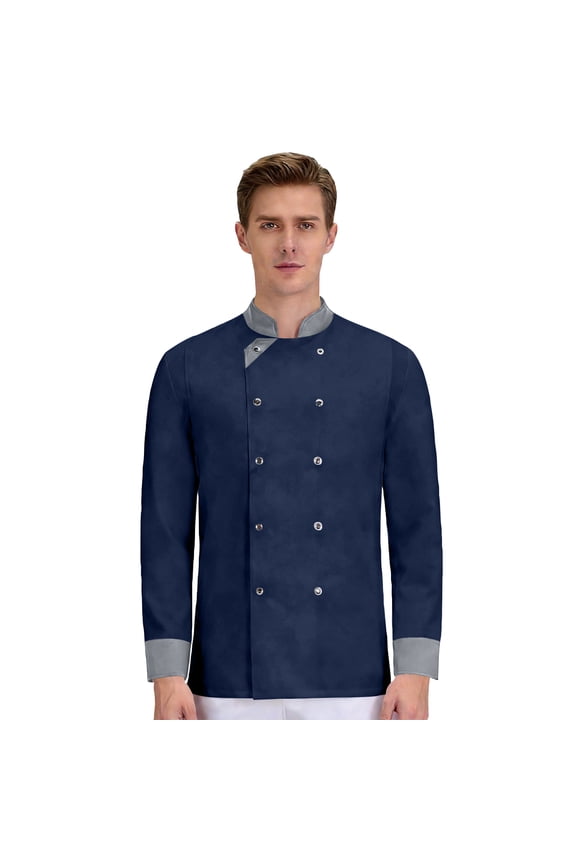 Unisex Professional Chef Uniform, Long Sleeve Waterproof Oil-Proof Button Down Jacket for Kitchen Staff, Men and Women Chef Attire,Blue XS