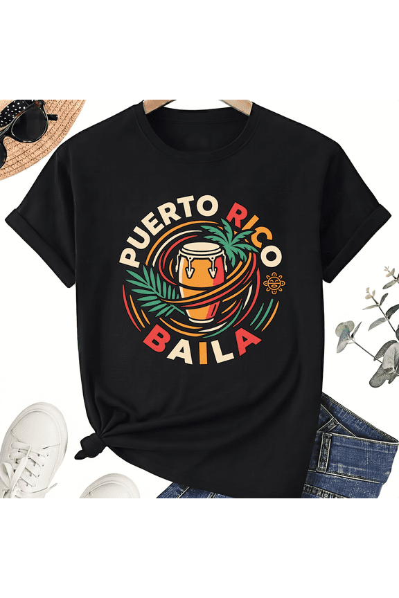 Unisex Puerto Rico T-Shirt, Baila Drum Dance Graphic, 100% Cotton Short Sleeve Tee
