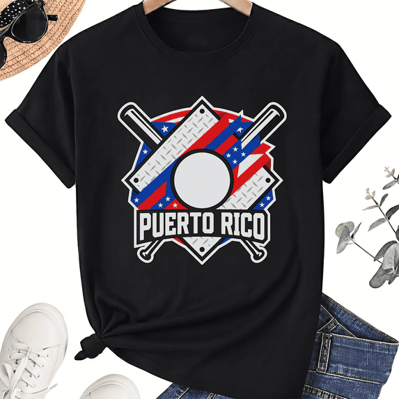 Unisex Puerto Rico T-Shirt, Baseball Bats Flag Graphic, 100% Cotton Short Sleeve Tee