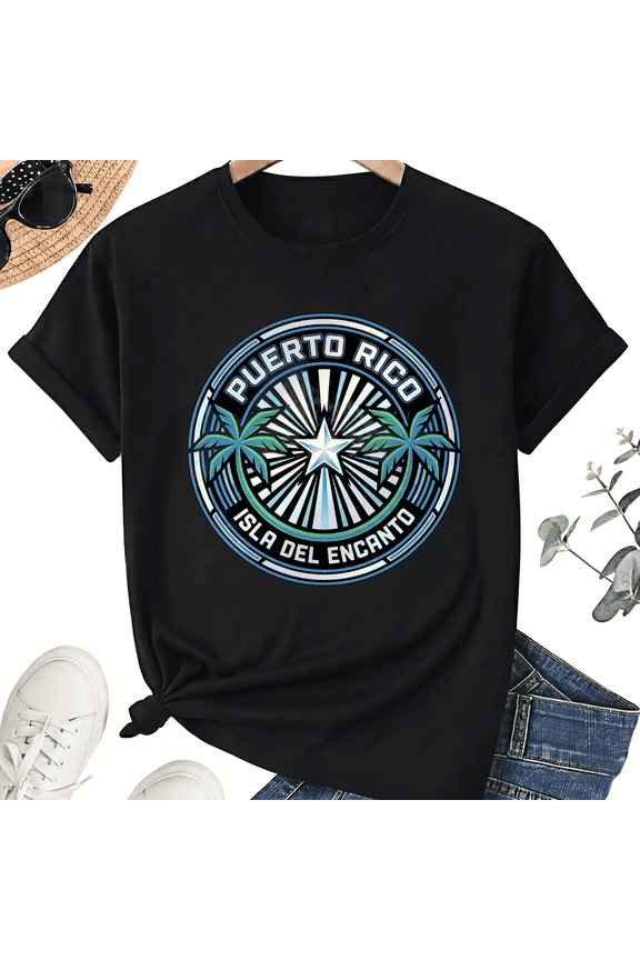 Unisex Puerto Rico T-Shirt, Island Palm Badge Graphic, 100% Cotton Short Sleeve Tee