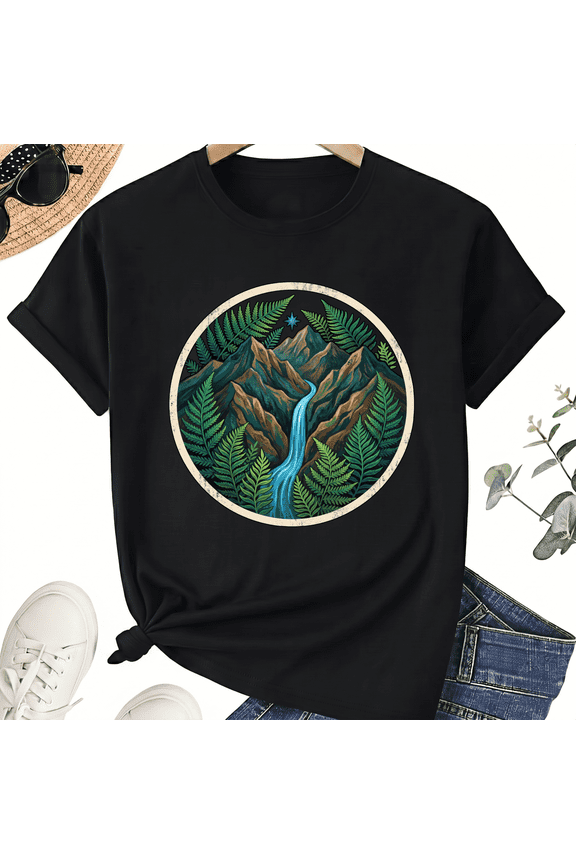 Unisex Puerto Rico T-Shirt, Mountain Waterfall Graphic, 100% Cotton Short Sleeve Tee