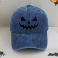 thumbnail image 1 of Unisex Pumpkin Smile Face Embroidered Vintage Baseball Hat, Washed Cotton Soft Top Cap with Adjustable Fit, Halloween Party Sun Cap for Outdoor Daily Casual Wear Navy, 1 of 3