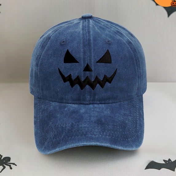 Unisex Pumpkin Smile Face Embroidered Vintage Baseball Hat, Washed Cotton Soft Top Cap with Adjustable Fit, Halloween Party Sun Cap for Outdoor Daily Casual Wear Navy