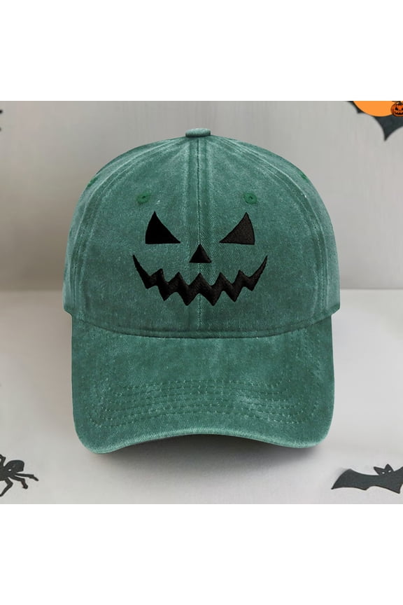 Unisex Pumpkin Smile Face Embroidered Vintage Baseball Hat, Washed Cotton Soft Top Cap with Adjustable Fit, Halloween Party Sun Cap for Outdoor Daily Casual Wear Blackish Green