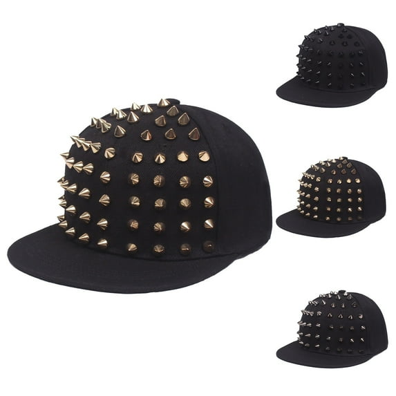 Unisex Punk Rock Studded Adjustable Baseball Hat Flat Brim Style