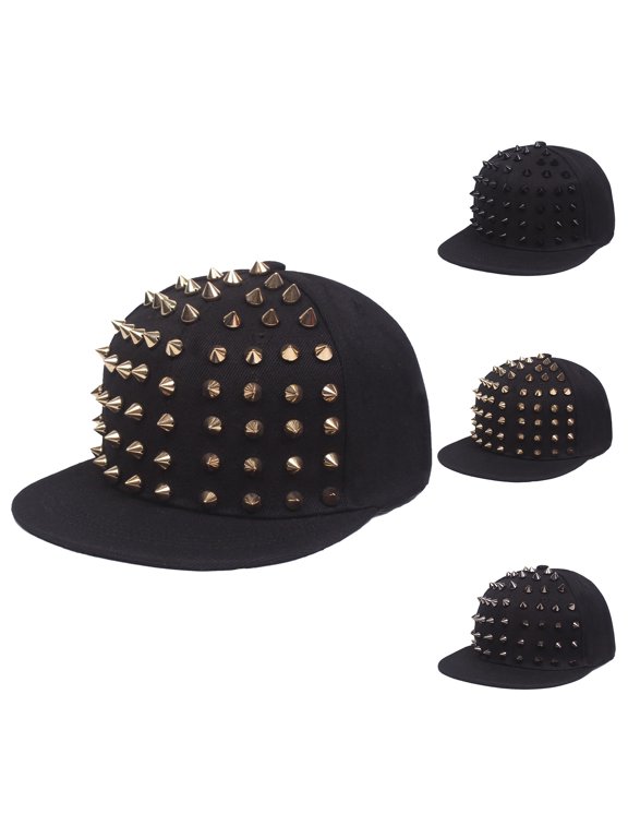 Unisex Punk Rock Studded Adjustable Baseball Hat Flat Brim Style