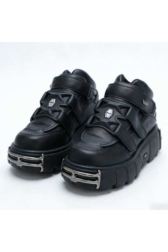 Unisex Punk Style Metal Decoration Round Toe Thick Sole Platform Chunky Heels Women Shoes Large Size Hook Loop Casual Street Sneakers