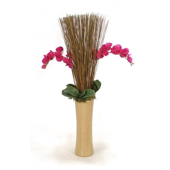Unisex Purple Orchid with Marsh Reeds & Succulents in Nail Head Latte Brown Vase