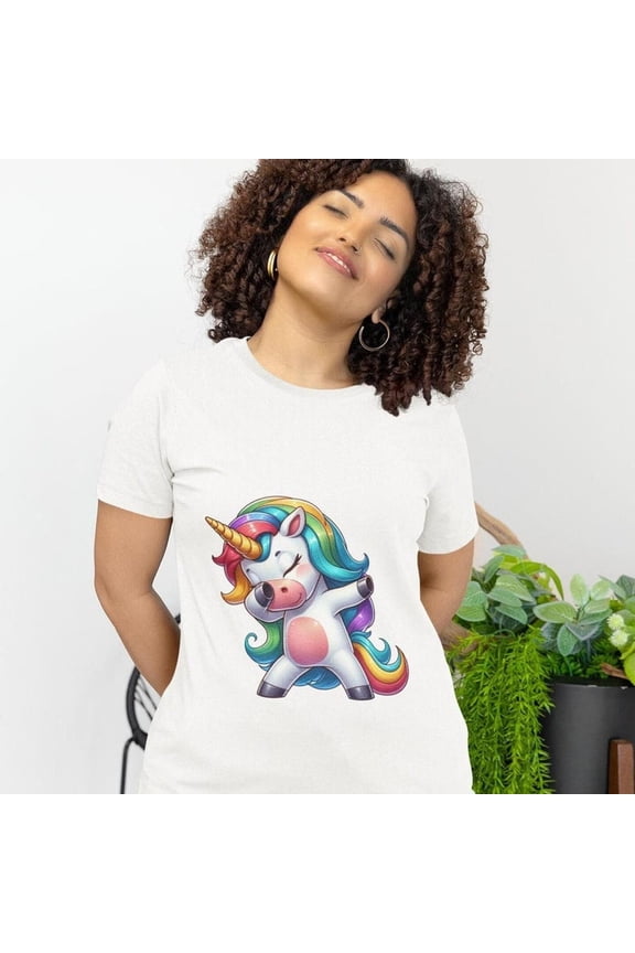 Unisex Rainbow Dabbing Unicorn T-Shirt Magical Graphic Tee Top for All Ages Cute Dab Dance Unicorn Shirt for Parties and Casual Wear