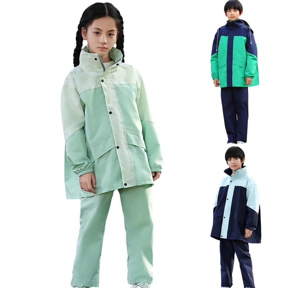 Unisex Rainsuit Cartoon Raincoat 2 Pieces Set, Waterproof Raincoat with Pants Rainset Rainwear Lightweight Zip Button Down Raincoat Hiking Outwear (Green,11-12 Years)