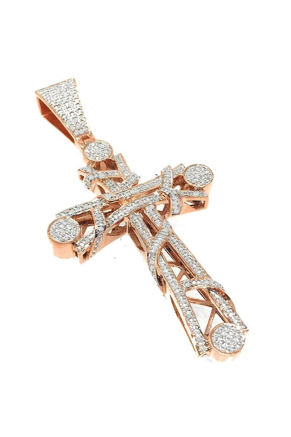 Unisex Real Genuine Diamonds Holy Jesus Cross Pendant Charm 10K Rose Gold Finish 2.75''