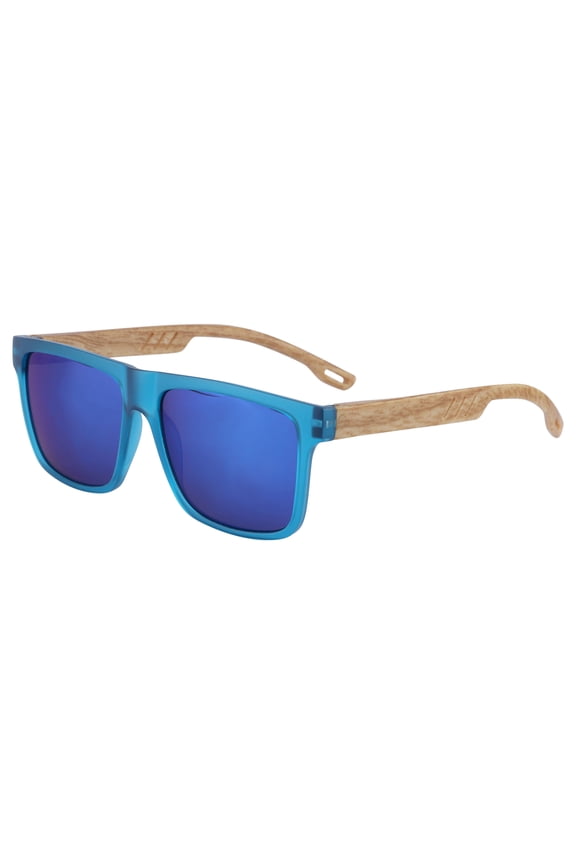 Unisex Rectangular Full-Frame Sunglasses Bamboo Wood Cut Out Design Sun Glasses Sunscreen UV Protection Blue Frame / Blue Mirror Lens