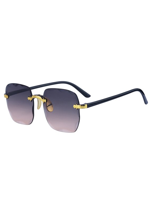 Unisex Rectangular Rimless Sunglasses Trendy Wavy Border Metal Nose Pads Sun Glasses Sunscreen UV Protection Gradient Gray Amber