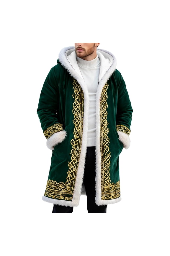 Unisex Red Leather Stylish Long Coat Christmas Santa Claus Shearling Hooded Trench Coat