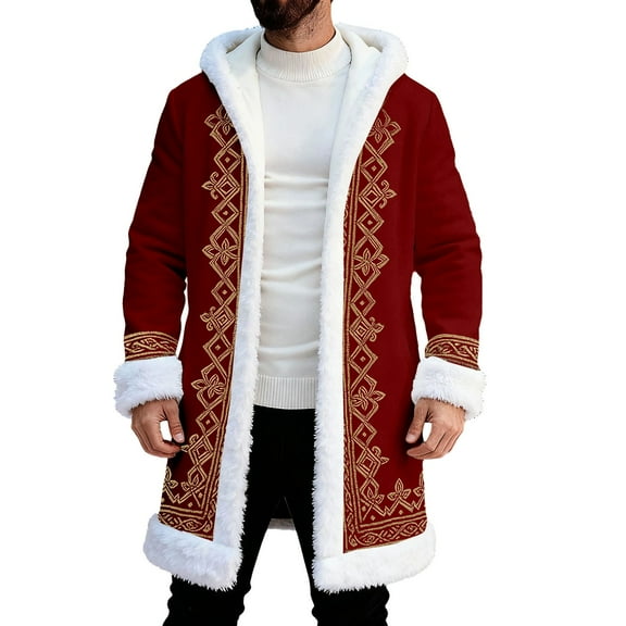 Unisex Red Leather Stylish Long Coat Christmas Santa Claus Shearling Hooded Trench Coat