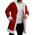 thumbnail image 1 of Unisex Red Leather Stylish Long Coat Christmas Santa Claus Shearling Hooded Trench Coat, 1 of 7