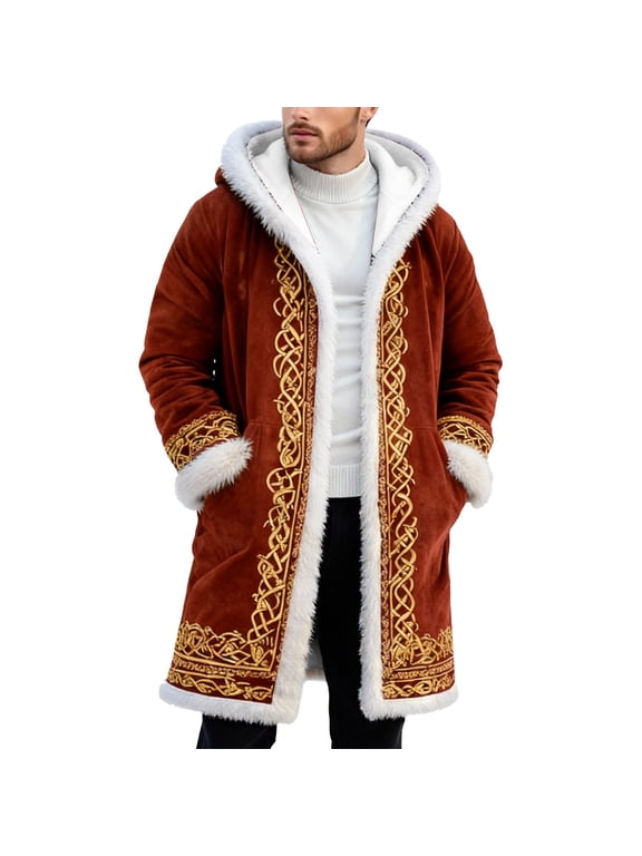 Unisex Red Leather Stylish Long Coat Christmas Santa Claus Shearling Hooded Trench Coat