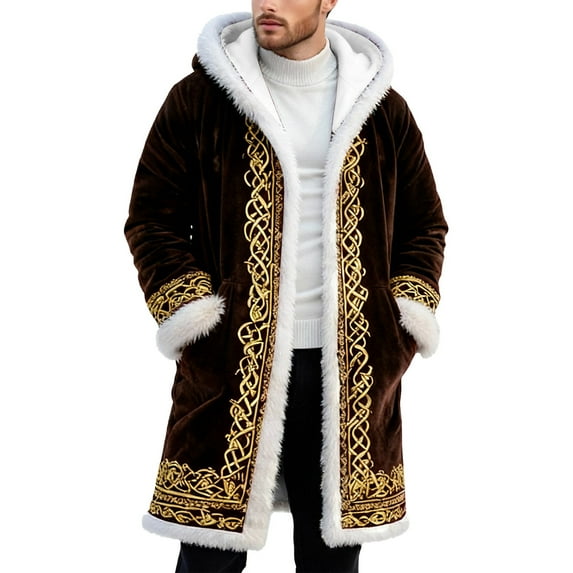 Unisex Red Leather Stylish Long Coat Christmas Santa Claus Shearling Hooded Trench Coat
