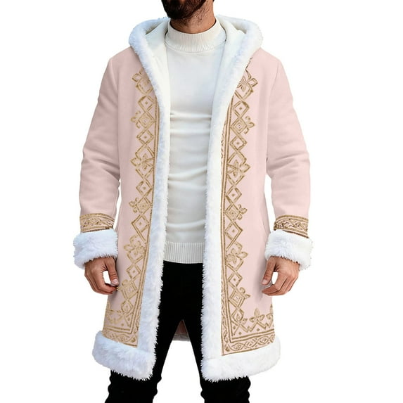 Unisex Red Leather Stylish Long Coat Christmas Santa Claus Shearling Hooded Trench Coat