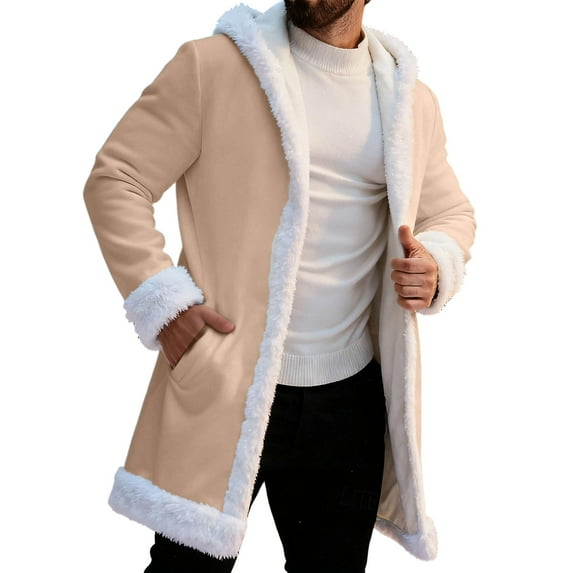 Unisex Red Leather Stylish Long Coat Christmas Santa Claus Shearling Hooded Trench Coat