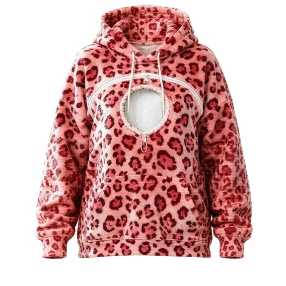 Unisex Red Leopard Print Hoodie For Small Cats And Dogs Front Pouch Hands Free Pet Holder Sweatshirt
