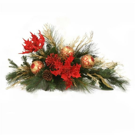 Unisex Red Poinsettia Mantle Arrangement with Pine & Ornaments