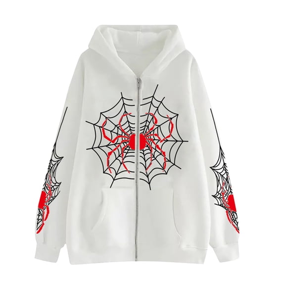 Unisex Red Zip-Up Hoodie with Spider Web Print Comfortable and Stylish Casual Wear