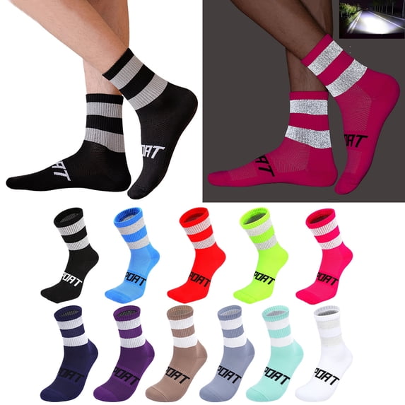 Unisex Reflective Cycling Socks With Arch Support Breathable Night Riding Socks Moisture Wicking Running Fitness Socks For Mountain Road Bike Outdoor Sports(Black M)