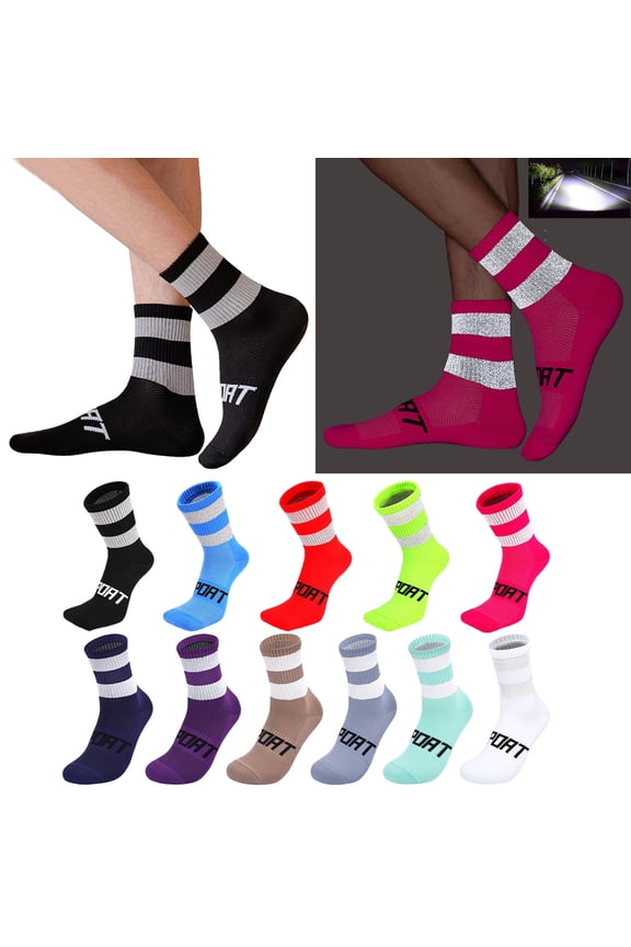 Unisex Reflective Cycling Socks With Arch Support Breathable Night Riding Socks Moisture Wicking Running Fitness Socks For Mountain Road Bike Outdoor Sports(Fluorescent M)