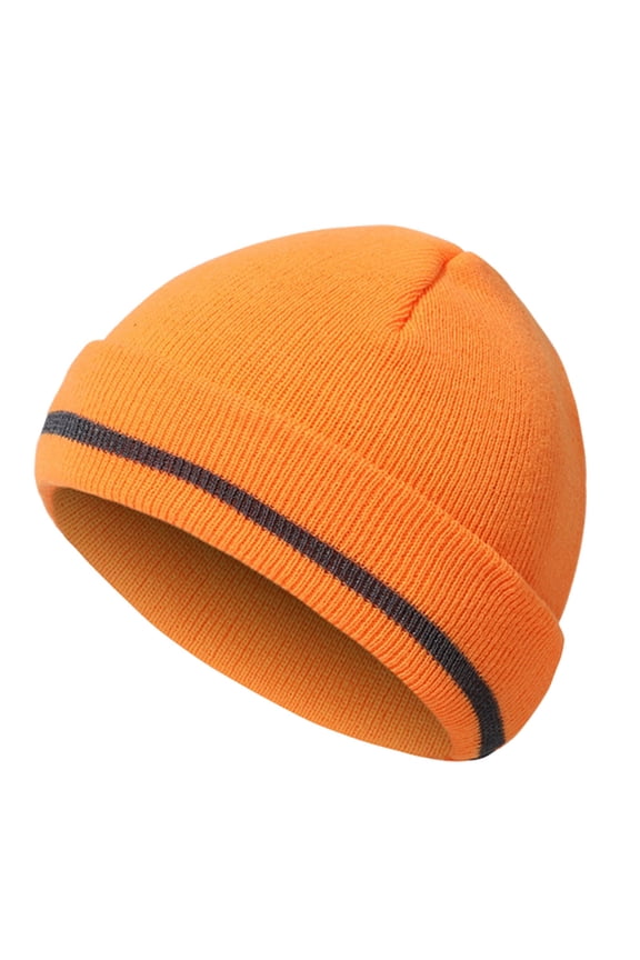 Unisex Reflective Stripe Knit Beanie, Double Layer Warm Winter Hat for Running, Work, and Outdoor Cold Weather Protection, Fashionable Cold Weather Beanie for Men and Women-Orange