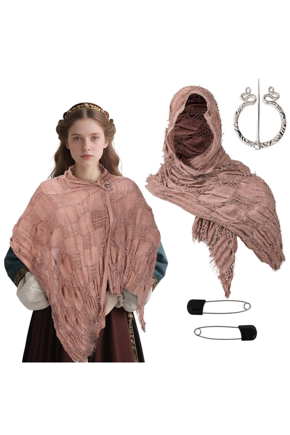 Unisex Renaissance Hooded Shawl Solid Color Cosplay Neck Scarf with Brooch and Pin Pink Free Size