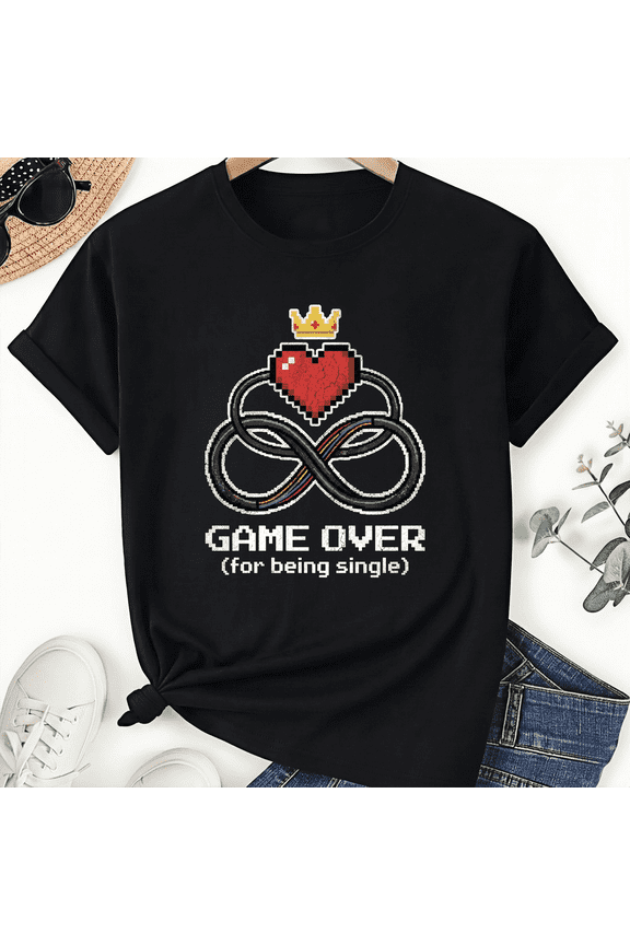 Unisex Retro 8-bit Pixel Gamer Wedding Graphic Tee Game Over for Being Single Slogan Infinity Heart Short Sleeve T-shirt