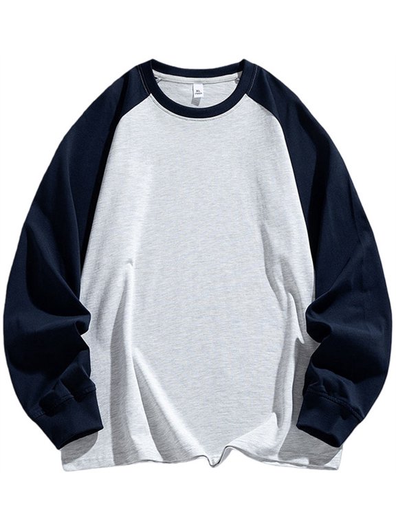Unisex Retro Color Blocked Raglan Sleeves Long Sleeved T-shirt Loose Tops M,Grey-1