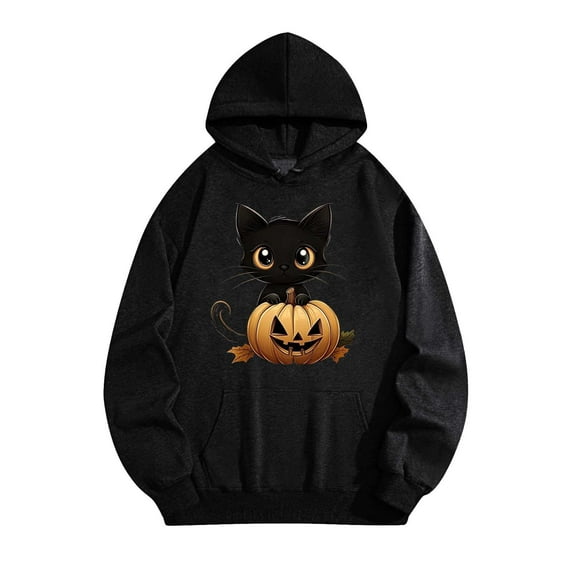 Unisex Retro Festival Hoodie - Fleece Gothic Print Pullover | Spooky Black Cat Fall Sweatshirt Vintage Y2K Warm