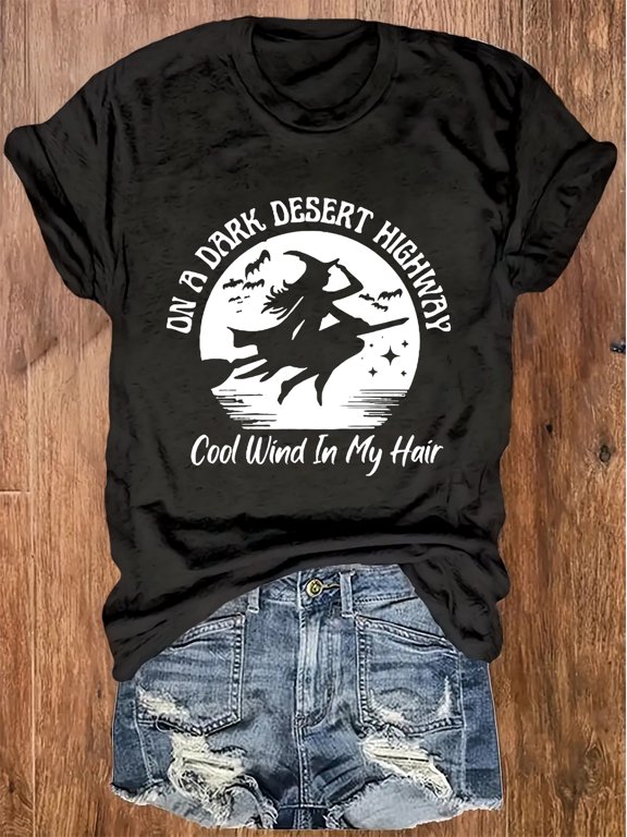 Unisex Retro Halloween Witch Graphic T‑Shirt, Flying Witch Silhouette Moon Bat Vintage Western Music‑Inspired Short‑Sleeve Crew‑Neck Fall Holiday Novelty Tee