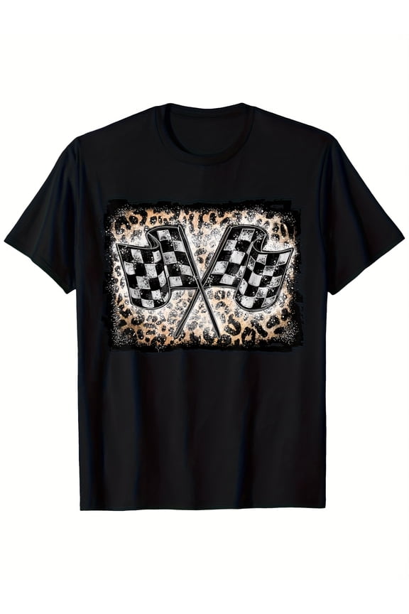 Unisex Retro Racing Checkered Flag Leopard Print T-Shirt
