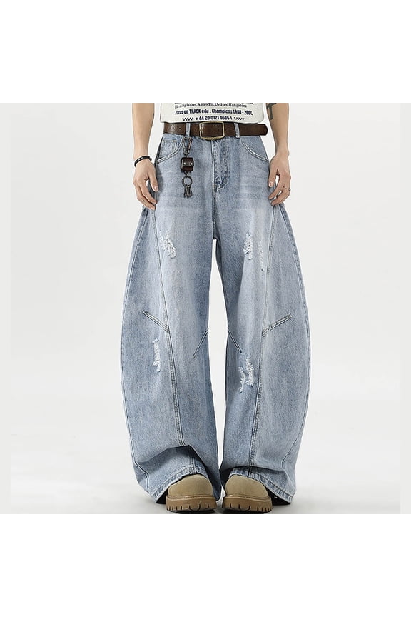 Unisex Retro Ripped Distressed Curved Leg Jeans Loose Fit Wide Leg Design Versatile Casual Denim Trousers Comfortable Stylish Streetwear Pants For Daily Wear BU1 L