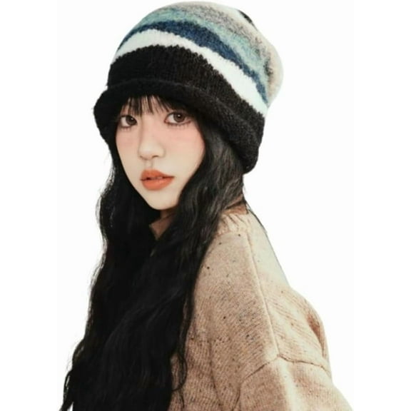 Unisex Retro Slouchy Knit Hat 2025 Colorblock Winter Beanie Warm Cuffed Cap with Ear Coverage Wool Blend for Fall